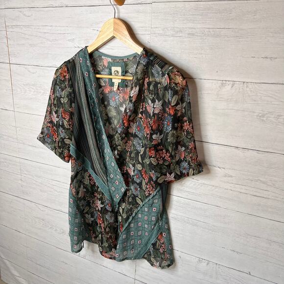 Anthropologie Tiny Blouse Womens Size Medium Teal Floral Geometric Sheer Wrap - Picture 4 of 16